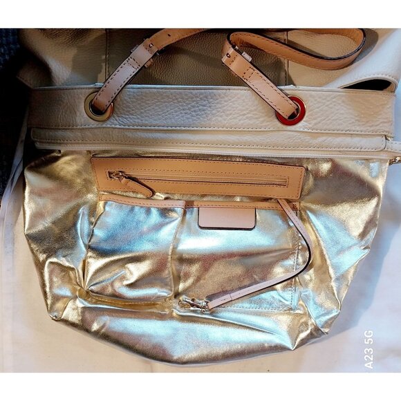 Michael Kors Beige Leather Tote Bag With Gold Metallic Interior & MK Charm - Picture 5 of 11